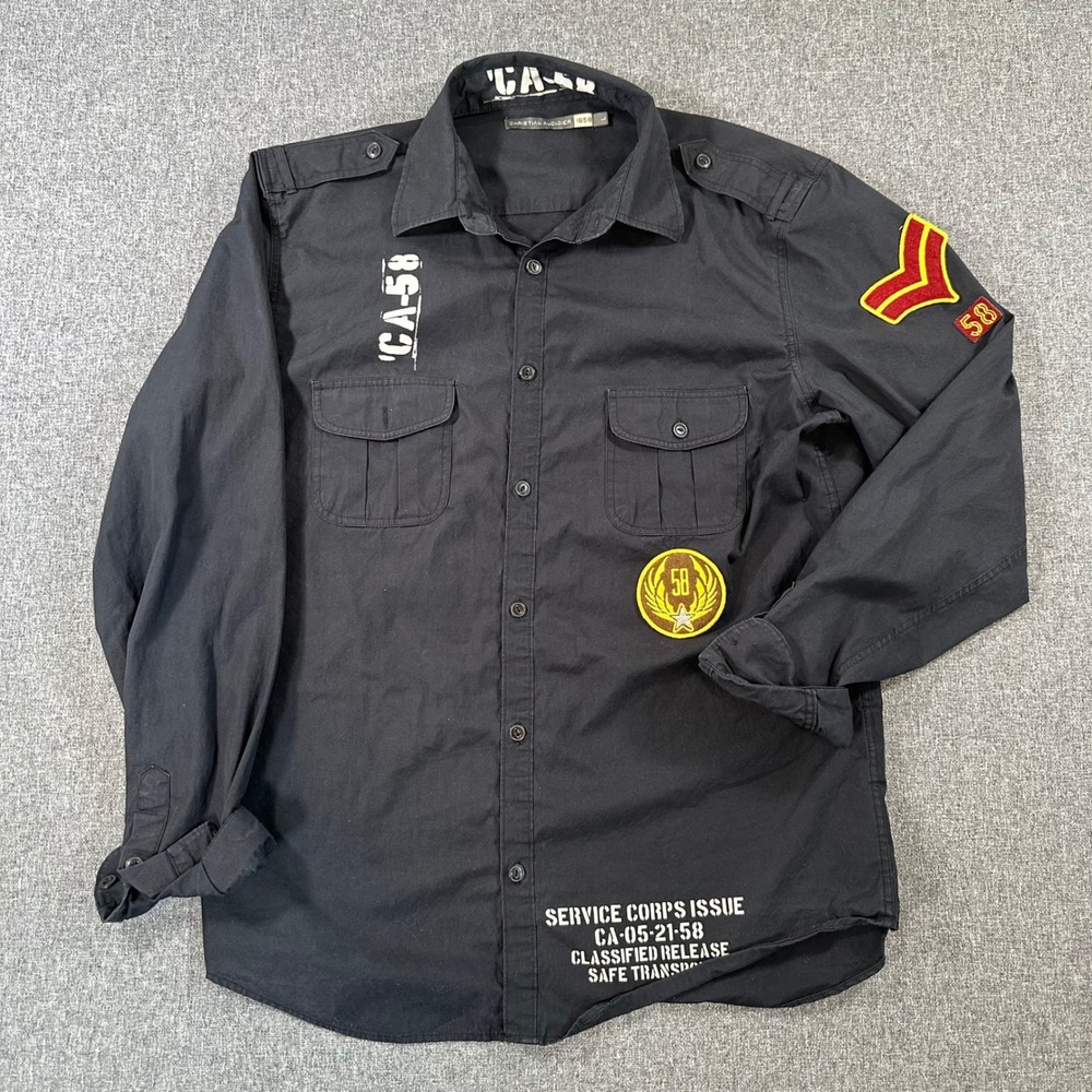 Christian Audigier Mens Military Service Corps Issue Black Button Up Shirt L